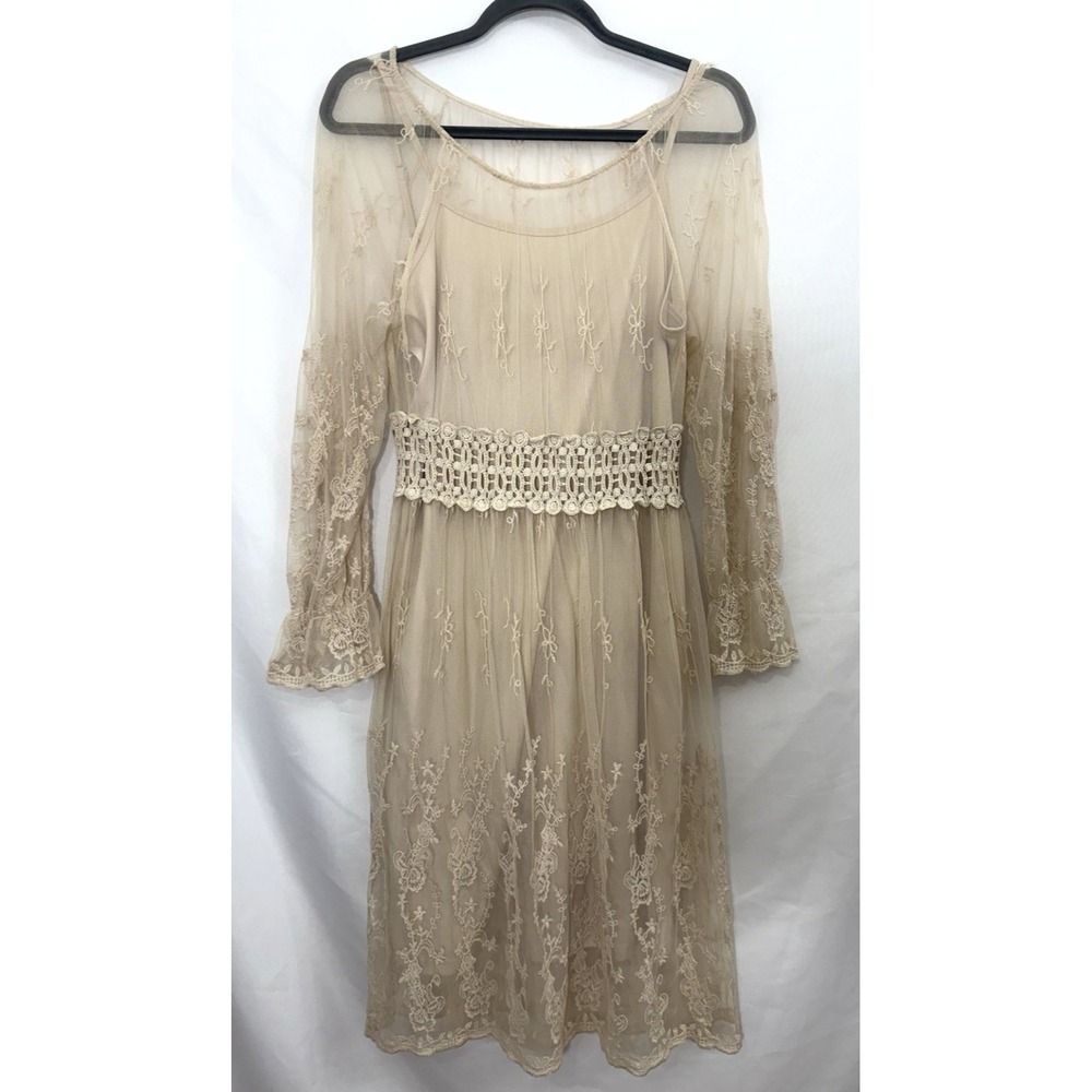 Pinky Cream Embroidered Mesh Lace Dress Fairycore Cottagecore Whimsical Womens M